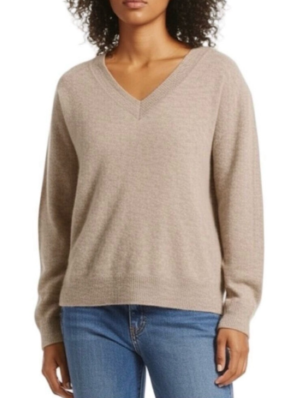 Dreamers by Debut Beige Sweater V Neck Fuzzy Knit Cozy Pullover Medium